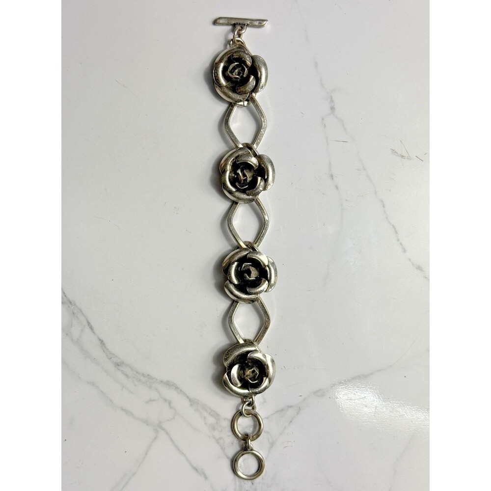 Silver Black Antiqued Rose Bracelet Vintage Style Flower Stainless-S 7-8" Toggle - Picture 2 of 6